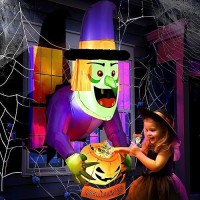 44 Ft Halloween Inflatable With Witch Holding Pumpkin Design Halloween Window Decorations Outdoor Blow Up With I Smell Childre