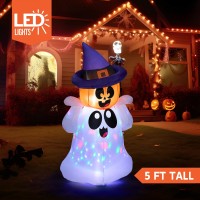 Joiedomi 5 Ft Tall Halloween Inflatable Outdoor Decor  Blow Up Halloween Yard Decoration Ghost With Colorful Leds  Halloween Inflatable Ghost With Pumpkin Witch Hat For Halloween Outdoor Decoration