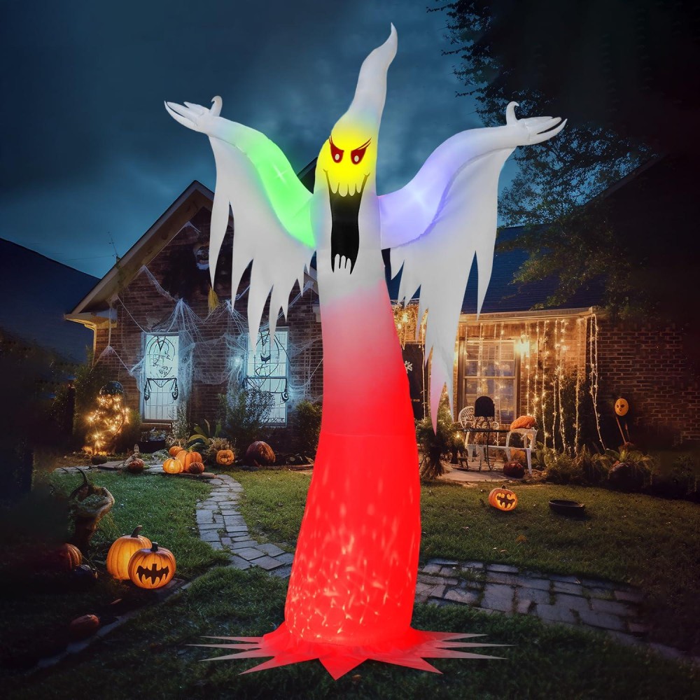 Joiedomi 12 Ft Tall Halloween Inflatable Ghost With Builtin Colorful Leds Blow Up Giant Ghost With Fire Flame Light For Hallow