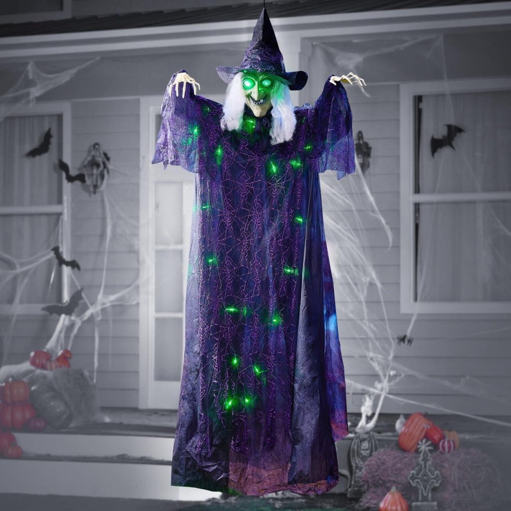 Joyin 72 Hanging Witch Decoration With Lightup Green Eyes And Sound Activation Function Animated Talking Witch Halloween Dec