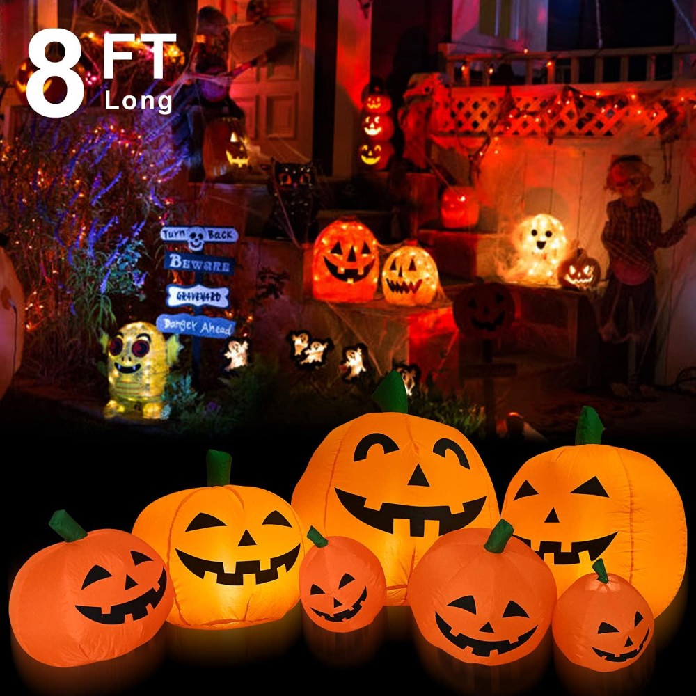 Techken Halloween Inflatables 8Ft Long Inflatable Pumpkins With Builtin Leds Outdoor Yard Decorations For Harvest And Hallowe