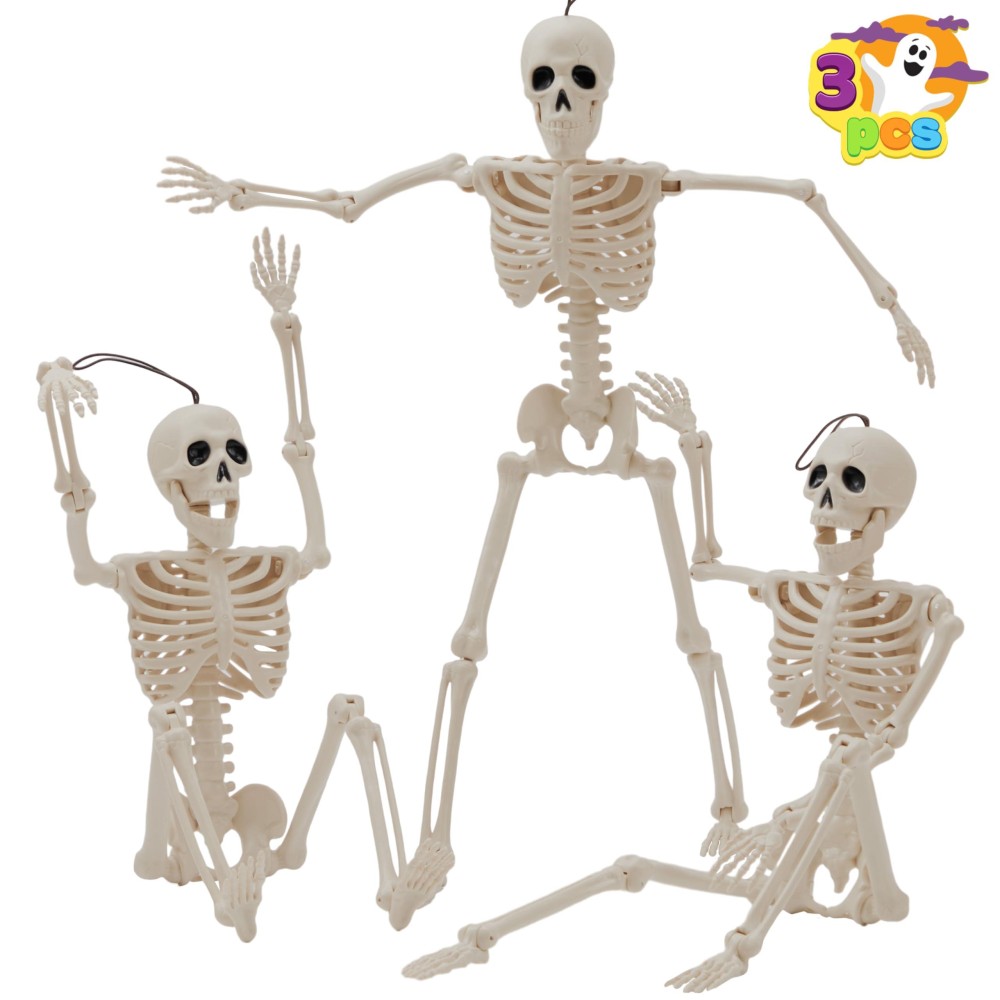 Joyin 3 Pcs 16 Inches Halloween Hanging Skeletons Full Body Posable Joints Movable Plastic Bones For Halloween Party Outdoor Ind