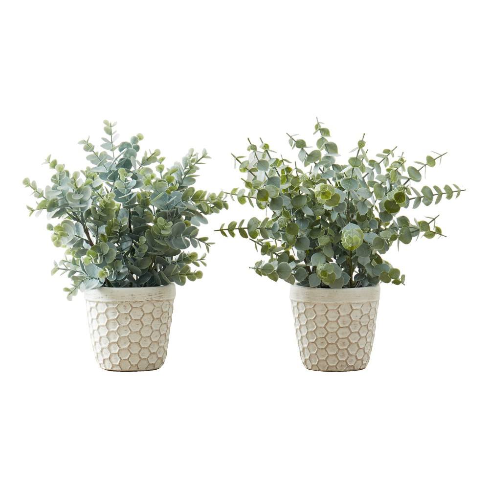 Artificial Plant 13 Tall Eucalyptus Grass Indoor Faux Fake Table Greenery Potted Set Of 2 Decorative Green Leaves W