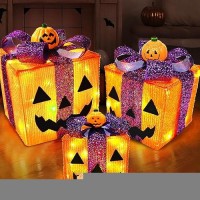 [ 8 Modes & Timer ] 3 Pack Lighted Halloween Pumpkin Decorations With 60 Led Lights Battery Operated Jack-O-Lantern Gift Box Halloween Outdoor Yard Decor For Holiday Home Indoor Garden Party Favors