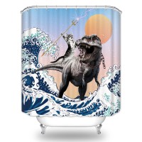 Biysuc Funny Cat Shower Curtain Brave Cat Holding Trident Arrow Riding Dino In Ocean Wave Kids Children Boys Animal Bathroom Dec