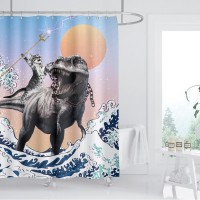 Biysuc Funny Cat Shower Curtain Brave Cat Holding Trident Arrow Riding Dino In Ocean Wave Kids Children Boys Animal Bathroom Dec