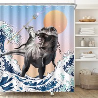 Biysuc Funny Cat Shower Curtain Brave Cat Holding Trident Arrow Riding Dino In Ocean Wave Kids Children Boys Animal Bathroom Dec