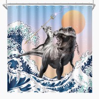 Biysuc Funny Cat Shower Curtain Brave Cat Holding Trident Arrow Riding Dino In Ocean Wave Kids Children Boys Animal Bathroom Dec