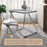 Leisuremod Lawrence Mid-Century Modern Rectangular Folding Side Table In Chrome Finish With Plastic Tabletop And Aluminum Frame For Living Room And Bedroom, Clear