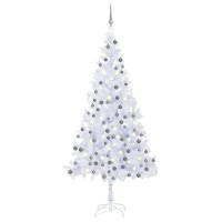 vidaXL White and Gray Artificial Christmas Tree 945 PreLit with LED Lights Comes with Shiny and Glitter Balls Suitable
