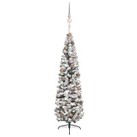 vidaXL 945 Slim Green Artificial Christmas Tree with LEDs Snowy Flocked Detail Rose Gold Balls Stand and USB Connection