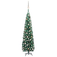 vidaXL Green Slim Artificial Christmas Tree with LEDs Rose Gold Balls Compact Reusable Lifelike PVC Material Includes Sta