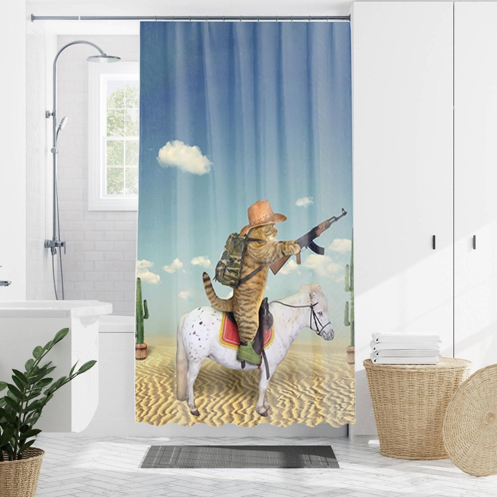 Domoku Cat Shower Curtain Cute Funny Cowboy Cat Riding Horse In The Desert Bathroom Shower Curtains Polyester Fabric Waterproof