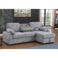 Mackenzie Light Gray Chenille Fabric Reversible Sleeper Sectional With Storage Chaise Dropdown Table Cup Holders And Charging