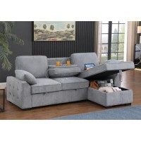 Mackenzie Light Gray Chenille Fabric Reversible Sleeper Sectional With Storage Chaise Dropdown Table Cup Holders And Charging