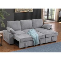 Mackenzie Light Gray Chenille Fabric Reversible Sleeper Sectional With Storage Chaise Dropdown Table Cup Holders And Charging