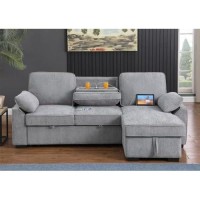 Mackenzie Light Gray Chenille Fabric Reversible Sleeper Sectional With Storage Chaise Dropdown Table Cup Holders And Charging