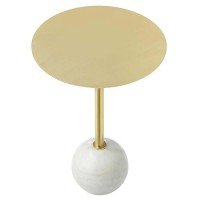 Modway Eei-6606-Whi-Bra Aliza White Marble Round Side Living Room End Table In Brass With White Marble Base