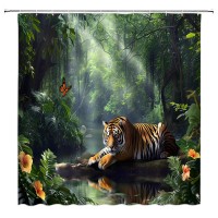 Dsmeue Rainforest Shower Curtain Green Forest Jungle Tiger Lake Floral Tree Tropical Plant Nature Scenery Landscape Summer Bathr