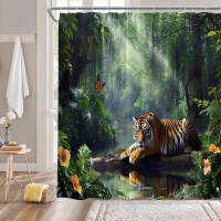 Dsmeue Rainforest Shower Curtain Green Forest Jungle Tiger Lake Floral Tree Tropical Plant Nature Scenery Landscape Summer Bathr