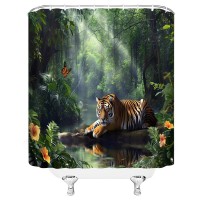 Dsmeue Rainforest Shower Curtain Green Forest Jungle Tiger Lake Floral Tree Tropical Plant Nature Scenery Landscape Summer Bathr