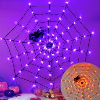 Eambrite Halloween Spider Web Lights With 84Led Orangepurple Lights Light Up Cobweb With Black Spider Halloween Decorations F