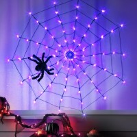 Eambrite Halloween Spider Web Lights With 84Led Orangepurple Lights Light Up Cobweb With Black Spider Halloween Decorations F