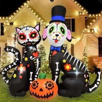 Rocinha 8Ft Halloween Inflatables Pumpkin Sugar Skull Guitar Day Of The Dead Inflatable Outdoor Decorations Dia De Los Muertos Decorations With Led Lights Halloween Blow Up Yard Decorations