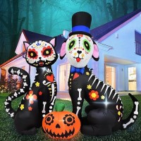 Rocinha 8Ft Halloween Inflatables Pumpkin Sugar Skull Guitar Day Of The Dead Inflatable Outdoor Decorations Dia De Los Muertos Decorations With Led Lights Halloween Blow Up Yard Decorations