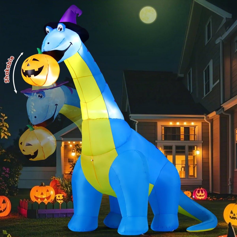 Comin Halloween Inflatables Outdoor Decorations 10 Ft Tall Dinosaurs Eating Pumpkin With Shake Head Blow Up Yard Decoration With