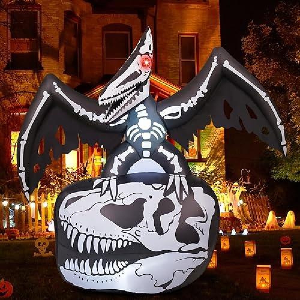 Comin 55 Ft Halloween Inflatables Skeleton Pterosaur Stand On Dinosaur Skull Blow Up Outdoor Yard Decorations With Builtin Led