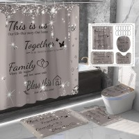 Juwute 4Pcs Family Shower Curtain Sets With Nonslip Rugs Toilet Lid Cover And Bath Mat Grey Glitter Diamond Home Bathroom Deco