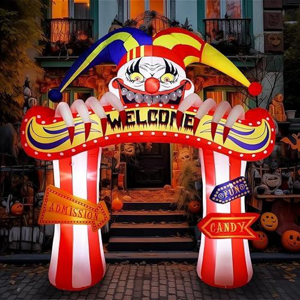 Wbhome 10 Ft Halloween Inflatable Clowns Arched Door Outdoor Decorations Day Of The Dead Blow Up Yard Decor With Builtin Led L