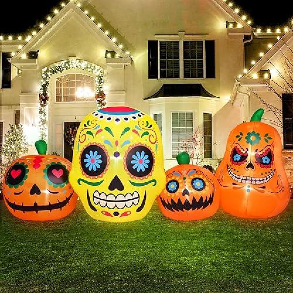 Rocinha 8Ft Halloween Inflatables Pumpkin With Sugar Skull Inflatable Day Of The Dead Inflatable Dia De Los Muertos Decorations Outdoor With Led Lights Halloween Blow Up Yard Decorations