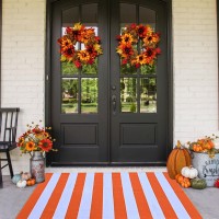 Cainanel Fall Outdoor Rug Orange And White Striepd Rug Front Door Mat Halloween Thanksgiving Fall Autumn Home Decor Layerd Welc