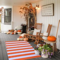 Cainanel Fall Outdoor Rug Orange And White Striepd Rug Front Door Mat Halloween Thanksgiving Fall Autumn Home Decor Layerd Welc