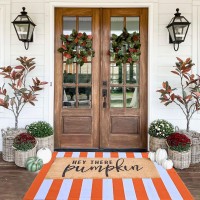 Cainanel Fall Outdoor Rug Orange And White Striepd Rug Front Door Mat Halloween Thanksgiving Fall Autumn Home Decor Layerd Welc