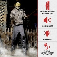 Haunted Hill Farm Motionactivated 6Ft Tall Guard Zombie Plugin Scare Prop Animatronic With Spooky Sound Effects And Lights