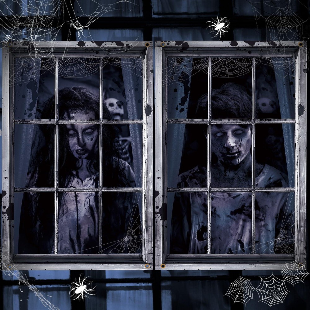 Preboun 2 Pcs Halloween Window Decoration Scary Ghost Halloween Window Silhouette Horror Halloween Window Cover Halloween Curtai