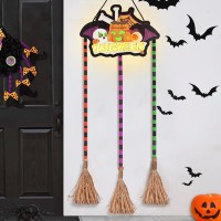 Blctec Hocus Pocus Halloween Decorations 59Inch Huge Growing Halloween Broom Parking Sign With 3 Wooden Witch Brooms Battery P