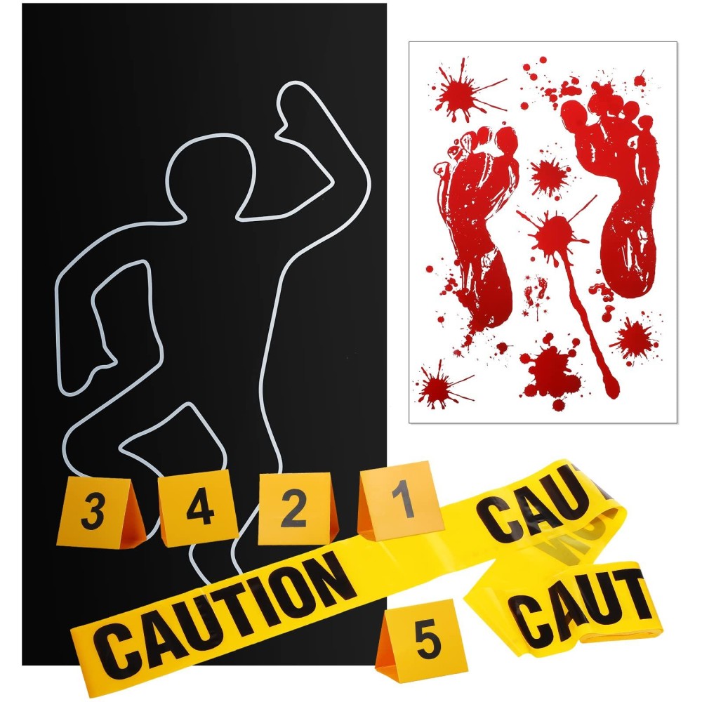 8 Pieces Crime Scene Decorations Including Body Silhouette Caution Barricade Tape Evidence Markers And Bloody Footprint Sticker