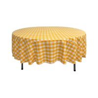 La Linen Polyester Gingham Checkered 90Inch Round Tablecloth White And Dark Yellow