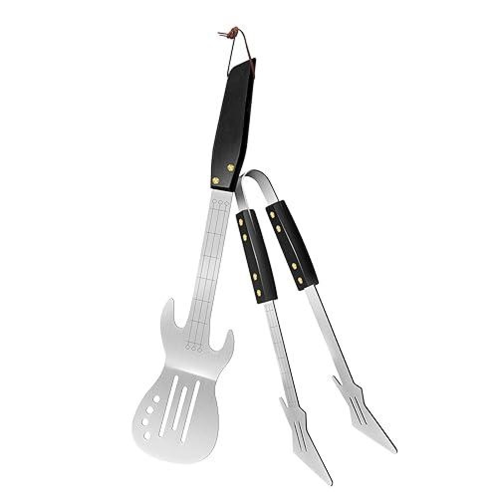 Pepkicn Rock Guitar Style Heavy Duty Stainless Steel 2Piece Barbecue Tool Set Spatula Tongs With Wooden Handle