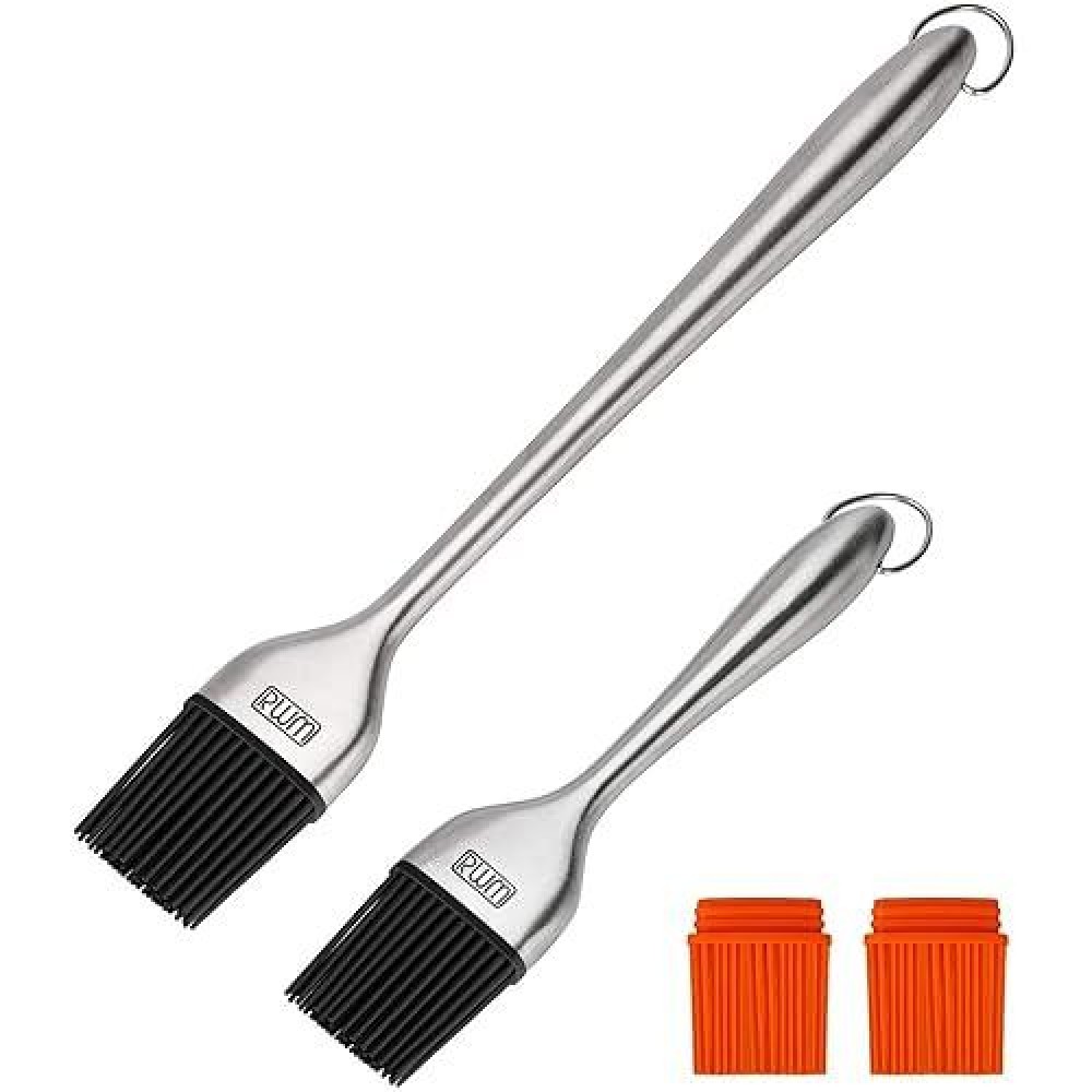 Rwm Basting Brush - Grilling Bbq Baking  Pastry And Oil Stainless Steel Brushes With Back Up Silicone Brush Heads(Orange) For Kitchen Cooking & Marinating  Dishwasher