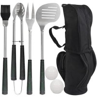 Poligo 7Pcs Golfclub Style Bbq Tools Set Grilling Tools With Rubber Handle Stainless Steel Grill Accessories For Outdoor Gril