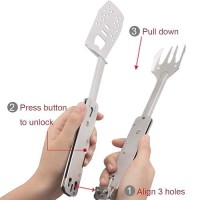 Roxon 4 In 1 Mini Folding Bbq Barbecue Combo Tool Set With Spatula Fork Tongs And Bottle Opener For Hiking Camping Grey