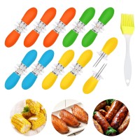 Augsun 20Pcs10 Pairs Stainless Steel Corn Cob Holders Bbq Forks Skewers Corn On The Cob With 1 Oil Brush For Home Cooking Parti