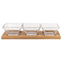 HomeRoots clear 4 Mouth Blown crystal Hostess Set 4 pc with 3 glass condiment or Dip Bowls on a Wood Tray