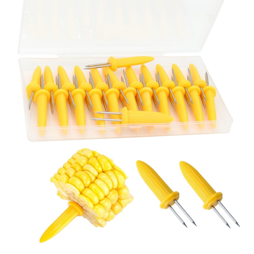 24 Pack Stainless Steel Corn Holders Corn On The Grill Corn On The Cob Skewers Double Fork Sweet Corn Seat Home Bbq Cookin