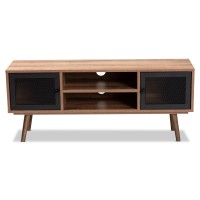 Baxton Studio Yuna MidCentury Modern Transitional Natural Brown Finished Wood and Black Metal 2Door TV Stand